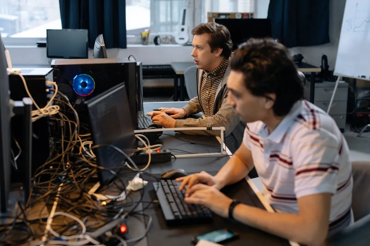 Преподаватель наставляет студента на практическом занятии по IT